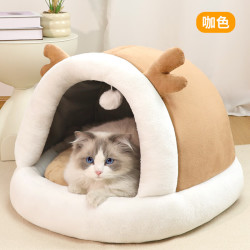 三栖虎 加绒猫窝保暖宠物小鹿窝防寒狗窝舒适宠物窝可爱加厚加绒四季通用 鹿角窝咖色 S