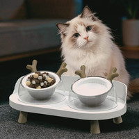 艾风格 新品陶瓷双碗猫狗食盆保护颈椎猫咪水碗 白色小鹿