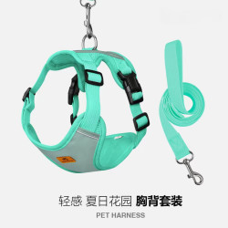 艾风格 狗狗牵引绳中小型犬胸背带宠物通用夏天透气背带式狗绳透气轻便 青色 XL码围脖36-50cm《胸