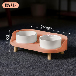 艾风格 陶瓷双碗猫狗食盆护颈水粮碗 粉色