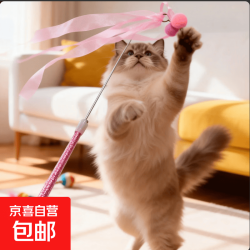 京东 仙女逗猫棒猫咪玩具带铃铛逗猫神器耐咬羽毛逗猫棒 丝带粉色款1支（领券可拍两单