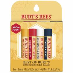 Burt's Bees 天然蜂蜡润唇膏套装 4支装 草莓椰子梨香草豆蜜蜡口味 滋润保湿护唇 无色素添加 干燥唇部修护 便携装 4.25g*4