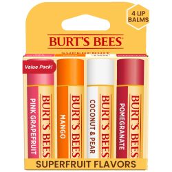 Burt's Bees 天然蜂蜡润唇膏4支装 粉红柚子芒果椰子梨石榴味 滋润保湿护唇膏 无色素天然成分 便携护唇套装 4.25g*4