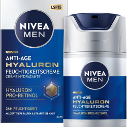 NIVEA 妮维雅 男士抗衰老透明质酸保湿霜 含透明质酸 Pro-Retinol 和 SPF 15 面霜 24 小时保湿 明显缓解皱纹(50 毫升)