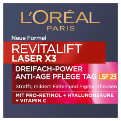 L'Oreal Paris 巴黎欧莱雅 LSF 25 日间护理，具有三重功效的紧致和丰盈抗衰老面部护理，含有透明质酸、维生素 C 和前视黄醇，Revitalift Laser X3，50 毫升