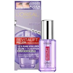 L'Oreal Paris 巴黎欧莱雅 含有 1.5% 透明质酸和 1% 咖啡因的眼部精华液，用于眼周围容光焕发，带有冷却球涂抹器，Revitalift Filler 眼部精华液，1 x 20 毫升