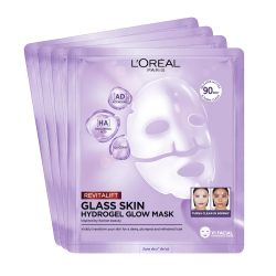 L'Oréal Paris 巴黎欧莱雅 玻璃皮肤水凝胶面膜盒,适用于衬垫和光泽肌肤,保湿平滑,含透明质酸,复颜填料,超值套装, 25g*4片