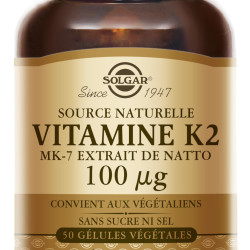 SOLGAR 维生素 K2 MK7 100mcg 蔬菜胶囊支持骨骼健康天然天然全食来源,来自纳豆提取物 Nongmo 无麸质份量,原味,50粒