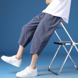 月伊纺 夏季新款男宽松直筒七分裤青年100%纯棉薄款休闲裤学生棉麻运动裤