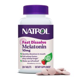 NATROL 褪黑素，快速溶解片，帮助更快入睡，睡觉时间更长，易于服用，在口中溶解，吸收更快，大强度，草莓味，10毫克，200粒