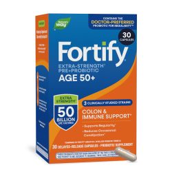 Nature's Way Fortify Extra Strength† 50 岁以上益生菌,500 亿活性培养物,1 种菌株,益生元,消化健康*,免疫支持*,结肠健康*,30 粒胶囊(包装可能有所不同)