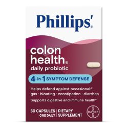 Phillips' Colon Health 每日益生菌胶囊,4 合 1 症状防御,有助于抵御偶尔气体、腹胀、便秘和腹泻,每日补充剂,60 粒