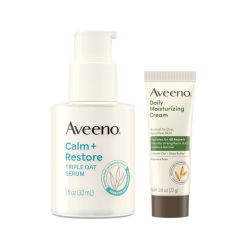 Aveeno 艾维诺 敏感肌肤护肤套装,镇静 + 恢复三重燕麦保湿面部精华,试用装 日常保湿霜 + 益生元燕麦 ,不含香料,两件,精华30ml+保湿霜22g
