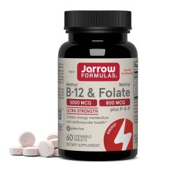 Jarrow Formulas 超强甲基 B-12 5000 mcg &amp; 甲基叶酸 800 mcg + P-5-P,用于细胞能量代谢和心血管支持的膳食补充剂,60 片咀嚼片,60 天供应量