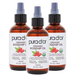 pura d'or 有机玫瑰果籽油头发放松器100% 纯冷压美国农业部认证全天然抗衰老、痤疮疤痕治疗、刮痧按摩、面部、头发和皮肤 - 女士 & 女士 & 女士 男士118ml*3