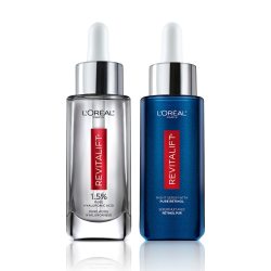 L'Oreal Paris 玻尿酸视黄醇精华液 抗衰老保湿 双重修护 2支装,面部精华30ml+夜间精华30ml