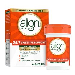 align 益生菌,专业配方,男女益生菌,每日益生菌补充剂,有助于缓解偶尔的腹胀和胀气*,医生推荐品牌 ‡,63 粒胶囊(包装可能有所不同)