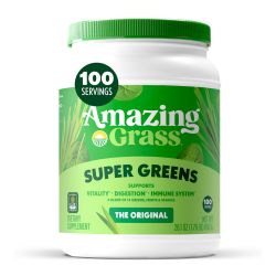 AMAZING GRASS Greens 超级食品粉:绿色粉末,含消化酶和益生菌,有机螺旋藻,小球藻和甜菜根粉,原味,100 份