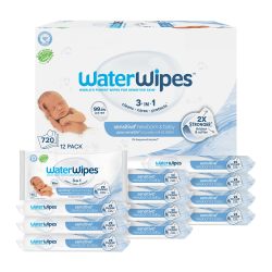 WaterWipes 无塑料原装婴儿湿巾,99.9% 水基湿巾,无香型,防过敏,适合敏感肌肤,60 片(12 片),包装可能有所不同