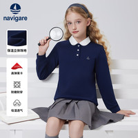 navigare 女童POLO衫新款儿童长袖T恤学院风娃娃领花边舒适百搭时尚 深蓝 120