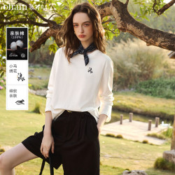 OLRAIN 简约撞色小马绣花休闲长袖T恤女春季2026新款纯棉圆领上衣 米白色 S