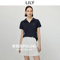 LILY 莫代尔醋酸混纺复古老钱风剪刀领短袖T恤 藏青 S