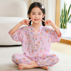 图形 夏季棉绸儿童七分袖长裤睡衣男童女童家居服男女孩宝宝绵绸套装