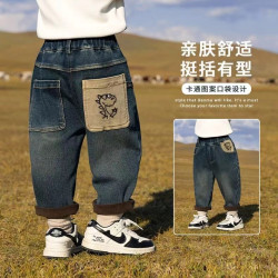 儿童牛仔裤2025秋冬新款加厚一体绒秋冬季长裤卡通图案口袋牛仔裤
