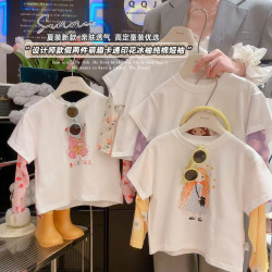 欢喜兔 亲子款假二件防晒儿童夏季女童短袖透气上衣