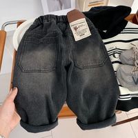 秋冬新款纯色牛仔裤男女童百搭时尚宽松版中小童黑色牛仔裤加绒款