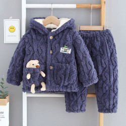儿童睡衣男童加厚款珊瑚绒保暖三层夹棉连帽法兰绒家居服套装冬季