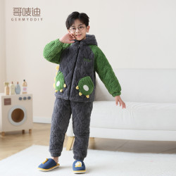 儿童冬季三层夹棉小恐龙珊瑚绒法兰绒保暖加绒加厚睡衣套装