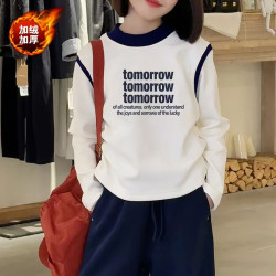 女童加绒加厚打底衫2026冬季新款中大童拼接小高领保暖内搭上衣