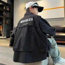 男童外套假两件春秋款2025上衣儿童秋装上衣中大童秋季衬衫韩版潮