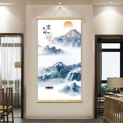 千里江山图清晰木轴布艺挂画实木挂画卷轴山水清新家装饰画高品质