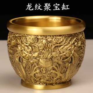 铜艺社手工龙纹黄铜满雕刻双龙缸摆件特大号龙缸居家摆件主人杯