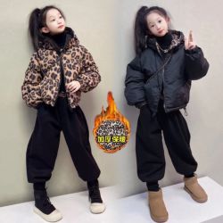 女童棉服豹纹棉衣2024新款两面穿儿童保暖连帽外套棉袄加绒哈伦裤
