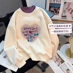 女童加绒卫衣2025新款洋气休闲半高领中大童女孩宽松假两件上衣潮