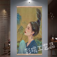 复古藏族美女布艺实木卷轴挂画民族家居装饰画圣女禅意虔诚卓玛