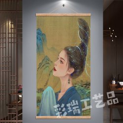 复古藏族美女布艺实木卷轴挂画民族家居装饰画圣女禅意虔诚卓玛