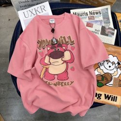 2024夏装新款女童短袖t恤卡通草莓熊中大童纯棉半袖上衣ins#V1798