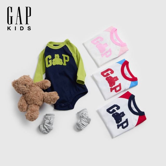 Gap 婴儿纯棉小熊印花logo撞色连体衣儿童装687241