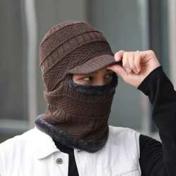 冬季保暖帽子围脖  带帽檐  钓鱼一体棉帽子针织户外加绒加厚骑行