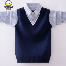 叮当猫 男童毛衣假两件春秋装2026新款洋气中大童学生衬衫领打底衫