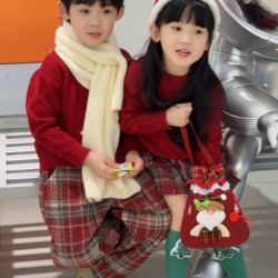 儿童圣诞新年衣服秋冬款男女童红色毛衣+红格阔腿裤套装裙两件套