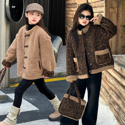 女童冬季豹纹外套皮毛一体中大童加绒加厚洋气短款上衣