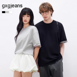 gxgjeans 格纹袖口拼接 灰色 2XL(185) 男士T恤