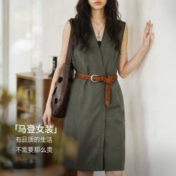 马登 V领两穿马甲裙无袖背心收腰修身连衣裙高智感连身裙子女士夏
