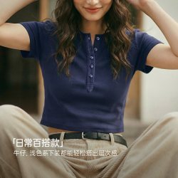 马登 美式纯棉半开襟亨利领短款正肩修身短袖美高T恤纽扣上衣女夏