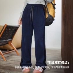 马登 美式双杠条纹卫裤宽松加绒厚休闲裤垂感外穿抽绳运动裤秋冬女